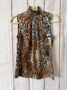 Serenade Sleeveless Mock Neck Animal Print Top - Brown
